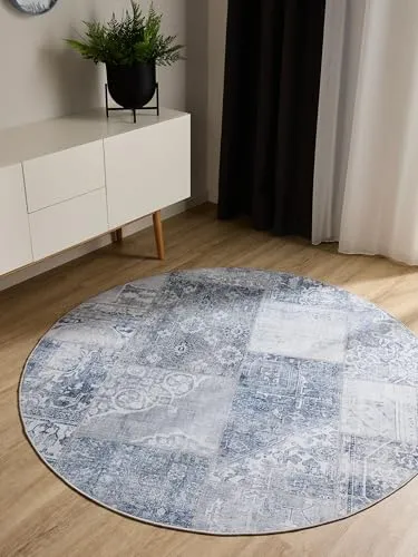 benuta Basic Waschbarer Teppich George - Blau 120 cm Rund - Teppich im Vintage-Style, pflegeleicht und maschinenwaschbar bei 30°, ideal für Wohnzimmer und Schlafzimmer mit Anti-Rutsch-Rückseite für sicheren Halt.
