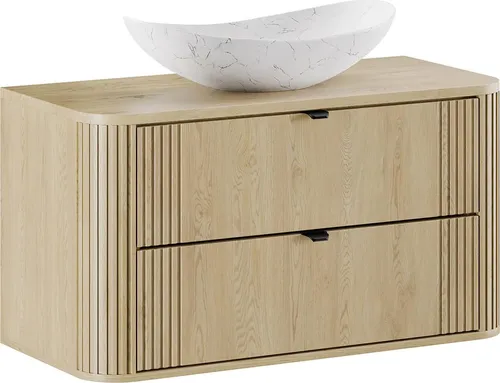 Lomadox Waschtisch OLIVA-56 mit Keramik Waschbecken 100 cm - Eleganter Badezimmer-Waschtisch in Eiche Dekor mit Rillenstruktur. Das matt-weiße, marmorierte Keramik Waschbecken und die Softclose-Schubladen bieten stilvollen Stauraum und modernes Design für dein Bad.