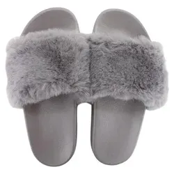 Damen Hausschuhe mit Fell » Damenschuhe mit Kunstfell » Badeschuhe » Sommer Badelatschen » Schlappen & Garten Schuhe » Pantoffeln mit Kunstpel... - Grau - 38