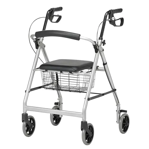 Days Essentials, Lightweight Wheel Rollator, Folding Four Wheel Mobility Walker with Padded Seat,Back Support, Mobility Aid Seat Basket, Carry Bag, Silver/Grey