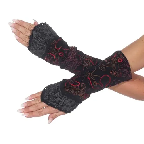 Kunst und Magie Damen Samt Armstulpen Stulpen Handwärmer Handschuhe mit Spitze, Farbe:Grau/Rot/Schwarz
