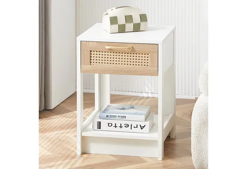 Okwish Nachttisch Hellbraun, 40x55x40 cm, MDF - Moderner Nachttisch in Hellbraun mit Rattanoptik. Ideal für Schlaf- und Wohnräume, bietet eine praktische Schublade für Ordnung und schnellen Zugriff auf persönliche Gegenstände. Pflegeleicht und stabil, perfekt für jeden Raum.