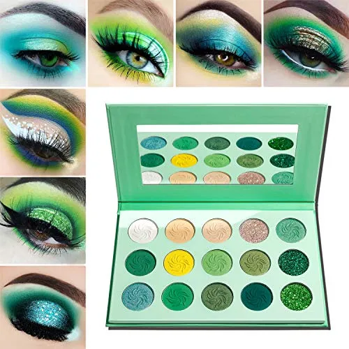 Lidschatten Palette Grüne Matt Glitzer,Afflano Avocado-Green Eyeshadow Palette Makeup Hochpigmentierte Wasserfest,Bunt Grün Glitter Metallic Schimmer Sparkle Travel Vegan Palette Lidschatten 15 Farben