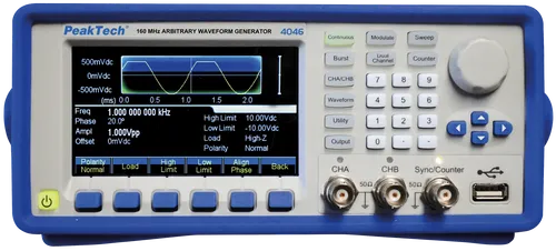 PEAKTECH 4046 Funktionsgenerator - Hochleistungsgerät bis 160 MHz - Vielseitiger Arbiträr-Wellenformgenerator mit zwei gleichwertigen Ausgangskanälen und grafischer Farb-TFT Anzeige. Ideal für Forschung und Ausbildung, bietet zahlreiche Modulationsarten und hohe Frequenzauflösung.