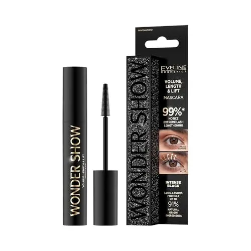 Eveline Cosmetics Wonder Show Mascara Verlängernde Wimperntusche - Extreme Wimpernverlängerung, Volumen & Schwung - Vegane Formel mit Sonnenblumenöl & Carnaubawachs - 7ml