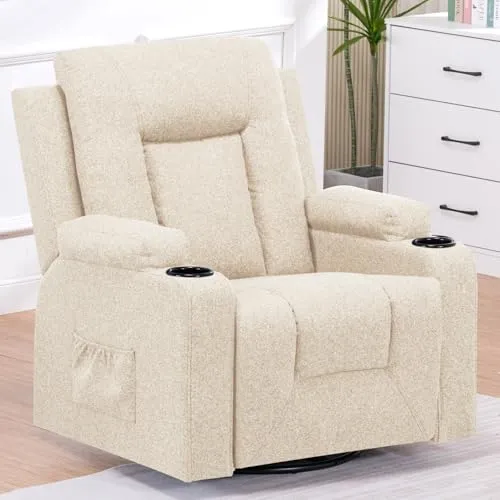 COMHOMA Relaxsessel aus Stoff für Wohnzimmer mit Manuell Verstellbarer Rückenlehne, Ausziehbarer Fußstütze, 360° Drehfunktion, Becherhaltern, Seitentaschen und Ergonomischem Design, Beige