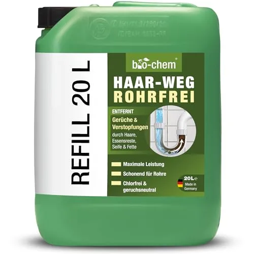 bio-chem Haar-Weg Abflussfrei – Abflussreiniger EXTRA STARK – 20 L Kanister - Bis zu 20 Anwendungen je Liter Rohrreiniger – Extrem effektiv & materialschonend gegen Verstopfungen & Haare - Made in DE