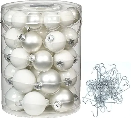 Inge-Glas Weihnachtskugeln aus Glas | Kugeldose 44tlg 4, 5, 6 cm mit 50 Aufhänger-Haken | Christbaumkugeln (Just White | weiß)