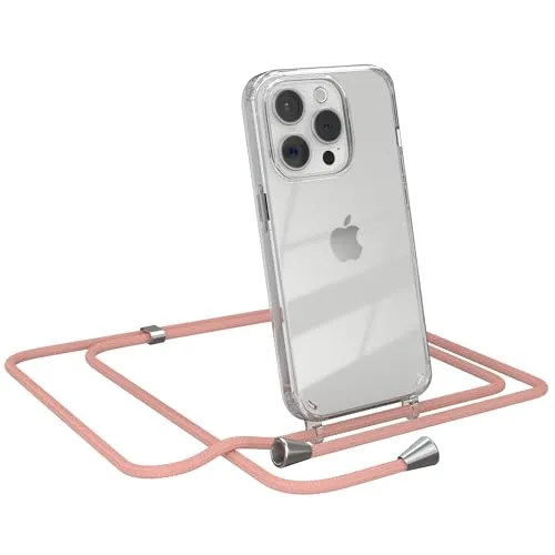 EAZY CASE Handykette kompatibel mit iPhone 15 Pro Handyhülle mit Umhängeband, Handykordel mit Schutzhülle, Silikonhülle, Hülle mit Band, Stylische Kette für Smartphones, Alt Rosa - Clips Silber