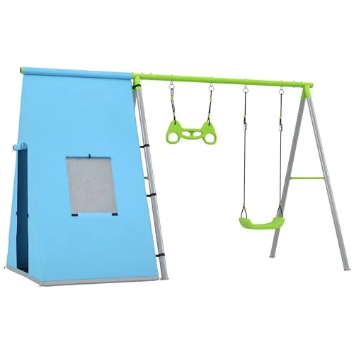 AIYAPLAY 3-in-1-Schaukelgestell für Kinder - Schaukelgestelle aus Metall mit Spielzelt und Turnringen – ideal für den Garten und fördert Bewegung und Spielspaß für Kinder ab 3 Jahren.