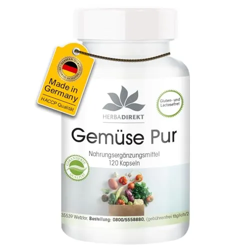 Gemüse Kapseln mit Spirulina - 120 Kapseln - Hochdosierte Multivitamin Kapseln aus Gemüse | HERBADIREKT by Warnke Vitalstoffe - Deutsche Apothekenqualität