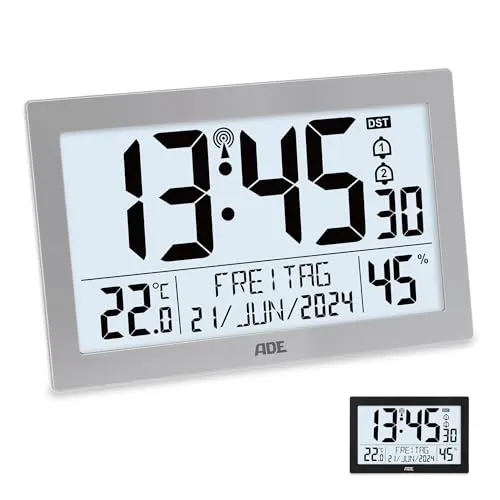 ADE Digitale Funkuhr mit XL-Display - Kalender, Temperaturanzeige und Hygrometer, ideal für Senioren und als praktische Tisch- oder Wanduhr