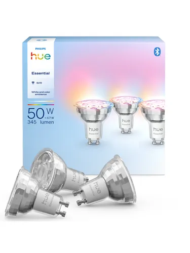 Philips Hue Essential GU10 - 3er Pack Smart Spotlight - Leuchtmittel mit 345 lm Helligkeit, ideal für stimmungsvolle Beleuchtung und einfach per Bluetooth steuerbar.