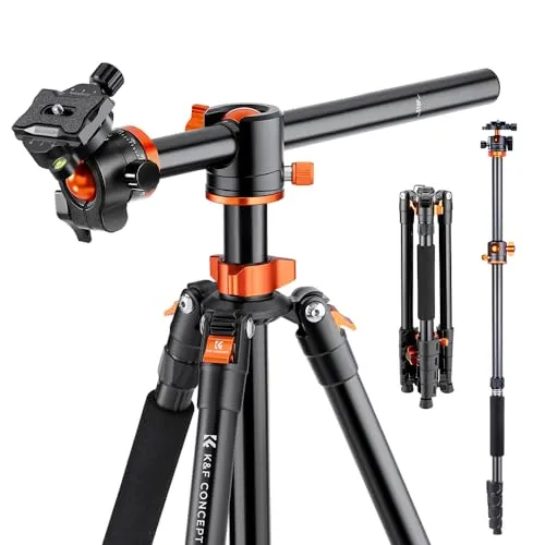 K&F Concept 186cm Aluminium Stativ, Kamera Stativ mit 90 Grad Mittelsäulen, Kompaktes Fotostativ mit Einbeinsativ-Funktion, Tripod mit 360 Grad Kugelkopf T255A3(S211)