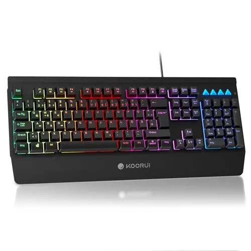 KOORUI Gaming Tastatur, Deutsches QWERTZ-Layout mit Handballenauflage Ghosting Schutz Tastaturen USB Kabel 12 Multi Media Tasten für Windows MacOS Linux -Schwarz