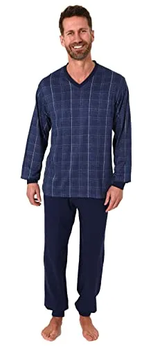 Herren Pyjama Schlafanzug Langarm mit Bündchen in eleganter Karo Optik - 212 101 90 409, Farbe:blau-Melange, Größe:54