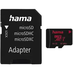 Hama microSD Karte Memory Pro 4K, Adapter/Mobile, UHS Speed C3 UHS-I 80MB/s Speicherkarte (64 GB, UHS Class 3, 80 MB/s Lesegeschwindigkeit)