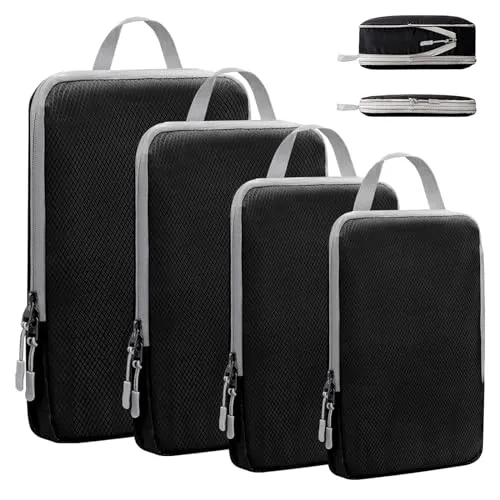 VMUTGA Kompressions Packwürfel Set, Erweiterbar Koffer Organizer Wasserdichte Packing Cubes Kleidertaschen für Reisen & Zuhause, Schwarz, 4-Teiliges Set
