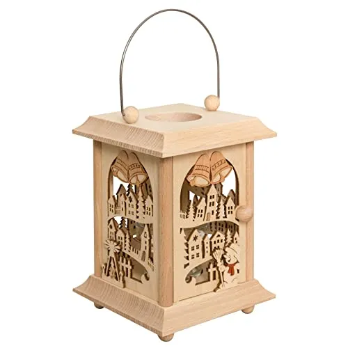 Drechslerei Kuhnert Tischlaterne - Winterdorf aus Edelholz - Teelichthalter aus Edelholz, dekorativ mit Winterdorf-Motiv. Inklusive Kerzenglas für stimmungsvolle Beleuchtung. Maße: 11,5 x 11,5 x 17 cm - Hochwertige Handwerkskunst aus dem Erzgebirge.