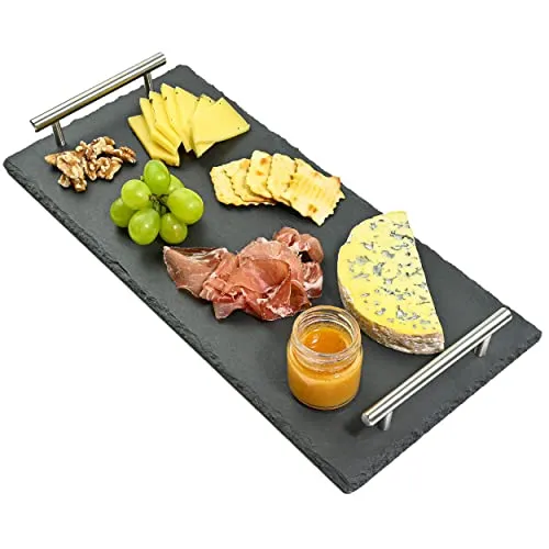 Praknu Schiefer Servierplatte mit Griffen - 40x20 cm - Serviertablett aus echtem Naturschiefer, rutschfest mit praktischen Griffen. Ideal zum stilvollen Servieren von Käse, Wurst und mehr bei Anlässen.