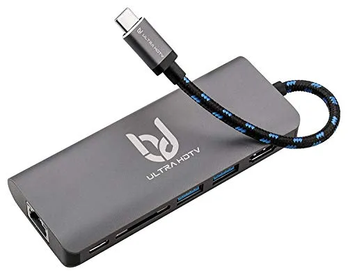 Ultra HDTV USB-C Multifunktions-Hub - USB-Hub mit 60W PD-Charge, hochwertigem Design und vielseitigen Anschlussmöglichkeiten: 1x HDMI, 2x USB 3.0, 1x SD-Card, 1x USB-C und 1x LAN. Perfekt für Design-Enthusiasten und kompatibel mit vielen High-End-Geräten.