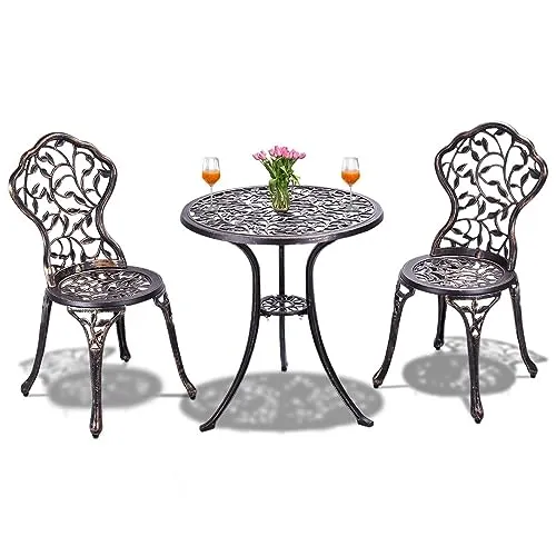 DREAMADE Balkonset 3-teilig - Elegantes Bistroset aus Aluminiumguss - Bistroset für die Terrasse mit romantischem Blatt-Muster in Bronze, wetterfest und robust. Ideal für Garten, Balkon oder Terrasse – für stilvolle Entspannung im Freien.