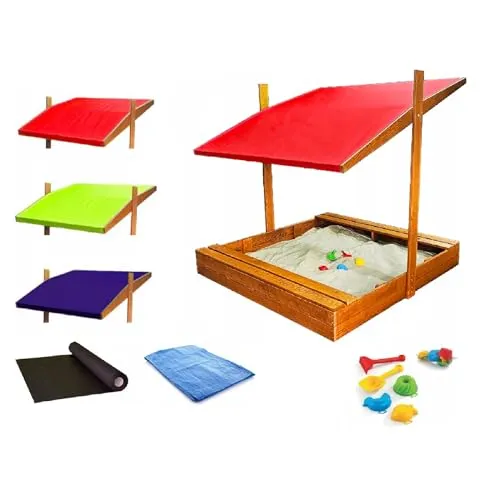 QLS Holz-Sandkasten 150 cm mit Dach & Abdeckung – imprägniert & stabil in Rot - Wetterfester Sandkasten aus imprägniertem Holz, ideal für Spielspaß im Freien. Verstellbares Dach schützt vor Sonne und Regen. Mit Abdeckplane und Unkrautvlies für sauberen Sand. Einfache Montage dank vorgebohrter Löcher.