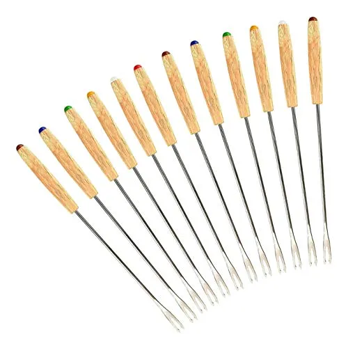 GuDoQi Fonduegabeln Edelstahl, 12 Stück, Bratstangen Marshmallow, Hitzebeständiger Holzgriff, Käsegabeln für Frucht, Schokoladen, Fondue, Braten (24cm)