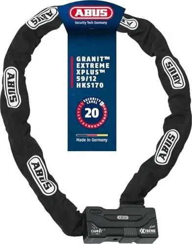 Abus Granit Extreme Plus Kettenschloss - 140 cm, Schwarz - Fahrradschlösser mit 12 mm Sechskantkette aus gehärtetem Stahl und ABUS Power Link Technologie für optimalen Diebstahlschutz. Ideal für hochwertige Motorräder.