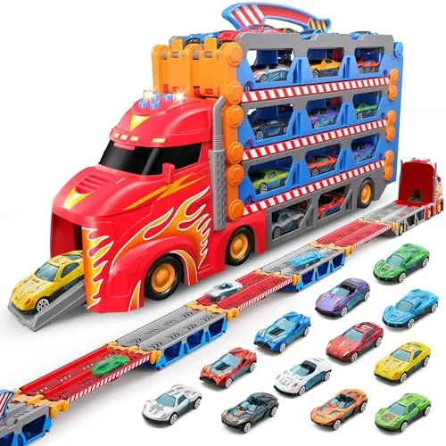 SYNCFUN Transport Renn Truck Spielzeugautos mit 12 Metallautos