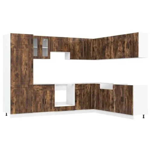 vidaXL 14-tlg. Küchenschrank-Set Porto Räuchereiche - Küchenunterschränke aus robustem Holzwerkstoff mit elegantem Design, viel Stauraum und verstellbaren Füßen für optimale Anpassung.