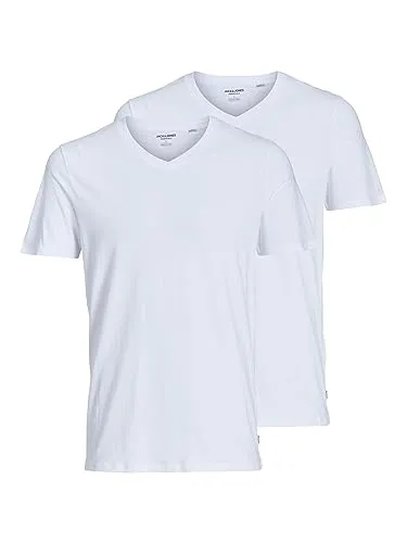Jack & Jones Herren V-Neck T-Shirt JACBASIC 2er PACK - Regular Fit Weiß - Herren-Shirts, 2er Pack mit V-Ausschnitt aus 100% Baumwolle für optimalen Tragekomfort und modischen Look – perfekt für Freizeit und Alltag.