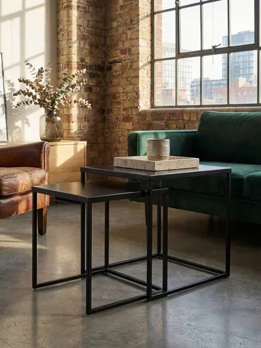 KADIMA DESIGN Satztisch Wohnzimmertisch 2er Set Metall Beistelltisch Eckig Schwarz, Design (2-teilig Satztisch Stahl), Beistelltisch Industrial, Sofatisch Couchtisch Quadratisch, Tischset