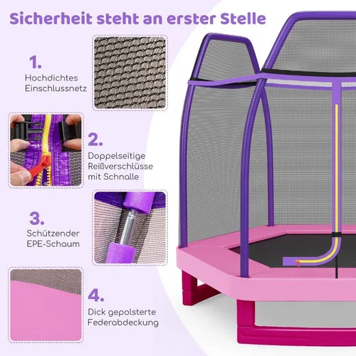 Ø223cm Gartentrampolin mit Sicherheitsnetz für Kinder – Rosa