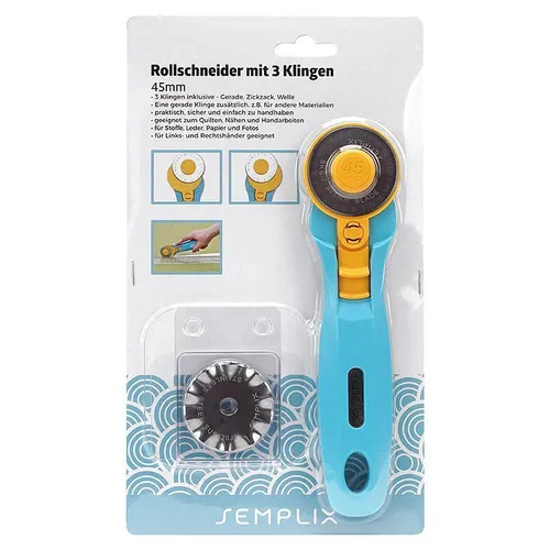 Semplix Rollschneider Maxi mit 3 Klingen (45 mm/ Gerade/ Wellen/ Zacken/ blau)
