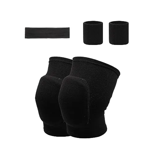Knieschützer aus dickem Schwamm, 1 Sport-Haarband und 2 Schutzkappen für Sportgriffe, weiche Sport-Knieschützer, rutschfeste Knieschützer, elastisch, für Kinder und Erwachsene (schwarz) 2