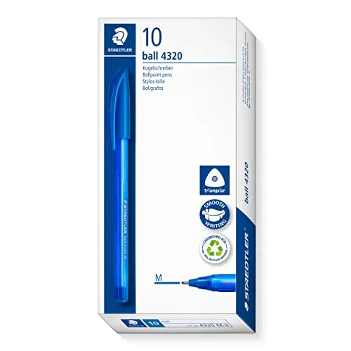 STAEDTLER dreikant stick Kugelschreiber, Schreibfarbe blau, Linienbreite M ca. 1,00 mm, für entspanntes Schreiben, 10 blaue Kugelschreiber im Kartonetui, 4320 M-3