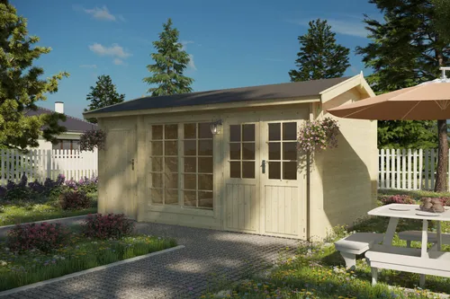 Gartenhaus Modell Winslow 40 – Massivholz für den Garten - Stilvolles Gartenhaus mit 40mm starken Wänden aus nordischer Fichte. Robuste Bauweise, ideal für verschiedene Wetterbedingungen. Inklusive Doppeltür und Fenster mit Isolierglas für optimale Nutzung.