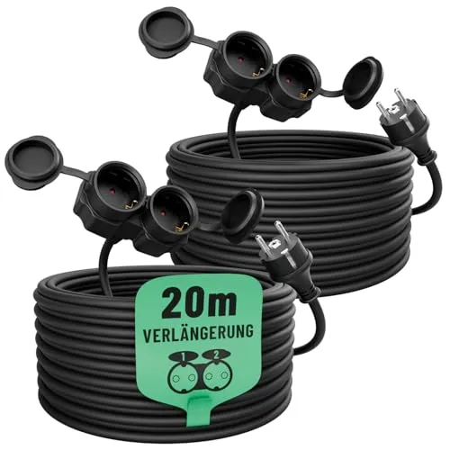 greate 2X 2fach Verlängerungskabel außen 20 Meter - Verlängerungskabel wasserdicht IP44 Aussenbereich - 2 Fach Mehrfachsteckdose Verlängerung draußen 20m 3500 W - Outdoor Extension Cord Waterproof