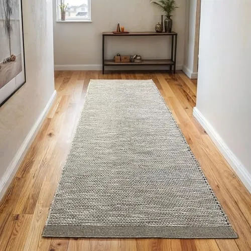 MY-RUG handgewebter Teppich Läufer 80x300 cm aus Wolle | weicher Woll-Teppich Wohnzimmer | handgemachter Teppich-Läufer Flur | flach gewebter Küchenläufer | Wendeteppich Naturfaser | beige Creme grau