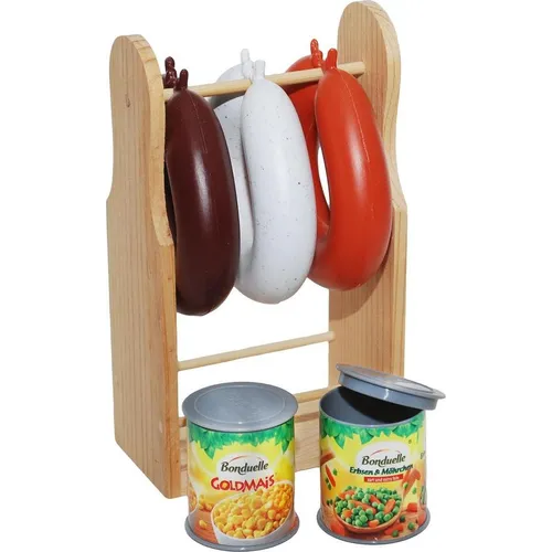 Christian Tanner 0304.8 - Wurstständer aus Holz, 17x11x6 cm, mit 3 Plastikwürsten und 2 Dosen für realistischen Kaufladen-Spaß