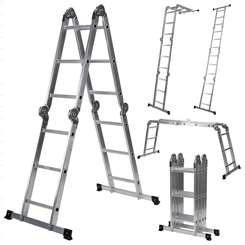 hjh OFFICE 801202 Mehrzweckleiter 12 Stufen - Multifunktionsleiter für bis zu 4 Varianten: Stehleiter, Bockleiter, Anlegeleiter oder Arbeitspodest. Belastbar bis 150 kg, mit rutschfesten Plattformen und sicherer Gelenkverriegelung. Ideal für vielseitige Einsätze!
