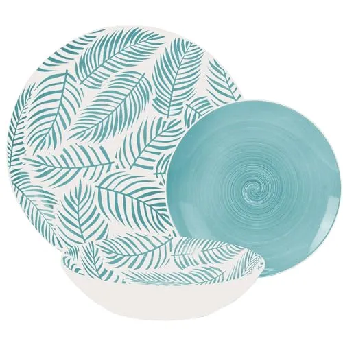 Tafelservice 18-teilig Porzellan mit blauen Blättern 27x27x4 cm