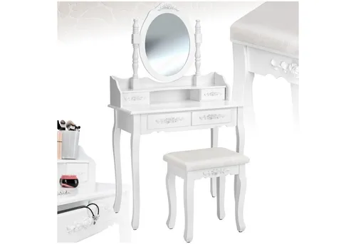 tectake® Schminktisch mit Schubladen und Stuhl - Eleganter Schminktisch im romantischen Design mit schwenkbarem Spiegel und 4 geräumigen Schubladen für optimalen Stauraum. Ideal für Ankleidezimmer und Schlafzimmer.