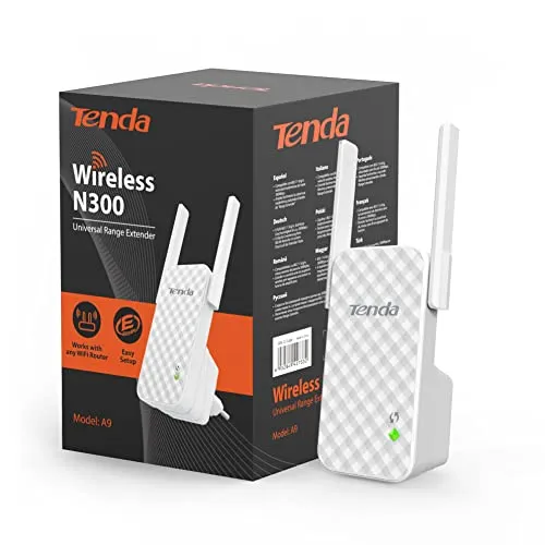 Tenda WLAN Verstärker Repeater N300 A9 | 300 Mbit/s · 2 externen Antennen · WPS · LED abschaltbar · kompatibel zu Allen WLAN Geräten · weiß