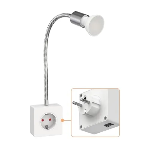 ledscom.de Steckdosenlampe LESCH Leselampe, chrom/weiß inkl. GU10 LED Lampe - Ventilatoren mit integrierter Schuko-Steckdose für zusätzliche Funktionalität und flexible Beleuchtung durch schwenkbaren Schwanenhals – ideal für jedes Zuhause.