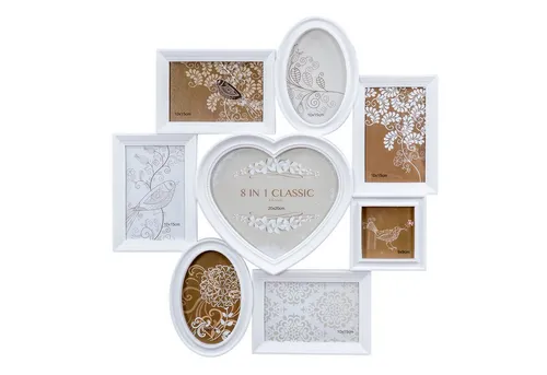 Levandeo® Bilderrahmen Collage Herz Weiß für 8 Fotos - Bilderrahmen Collage im romantischen Shabby Chic, ideal für 8 Lieblingsfotos in verschiedenen Formaten, ein stilvolles Wohnaccessoire für dein Zuhause.