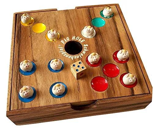 Pig Hole Schweinchenspiel ® - Original Knobelholz Würfelspiel mit 60 handgemachten Schweinchen - Gesellschaftsspiel für 2-6 Spieler, aus nachhaltigem Samanea Holz, das seit 2004 für Spaß und Spannung sorgt. Wer zuerst keine Schweinchen mehr hat, gewinnt!