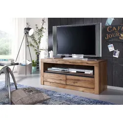 TV Board Lowboad Sideboard Echtholz 2 Schubladen grifflos 115x42 braun - TV-Möbel aus massiver Wildeiche, mit Softclose-Funktion für Türen und Schubladen. Modernes Design in tabacco brown, ideal für jedes Zimmer.