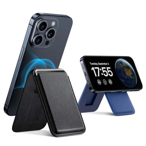 GlasFlength Kartenhalter Stand für MagSafe Wallet, 2 Stuck Magnetic Portemonnaie für Handy Leder Kartenetui Card Holder Geldbörse Geldbeutel Kompatibel iPhone 15 14 13 12 Serie（Schwarz, Blau）